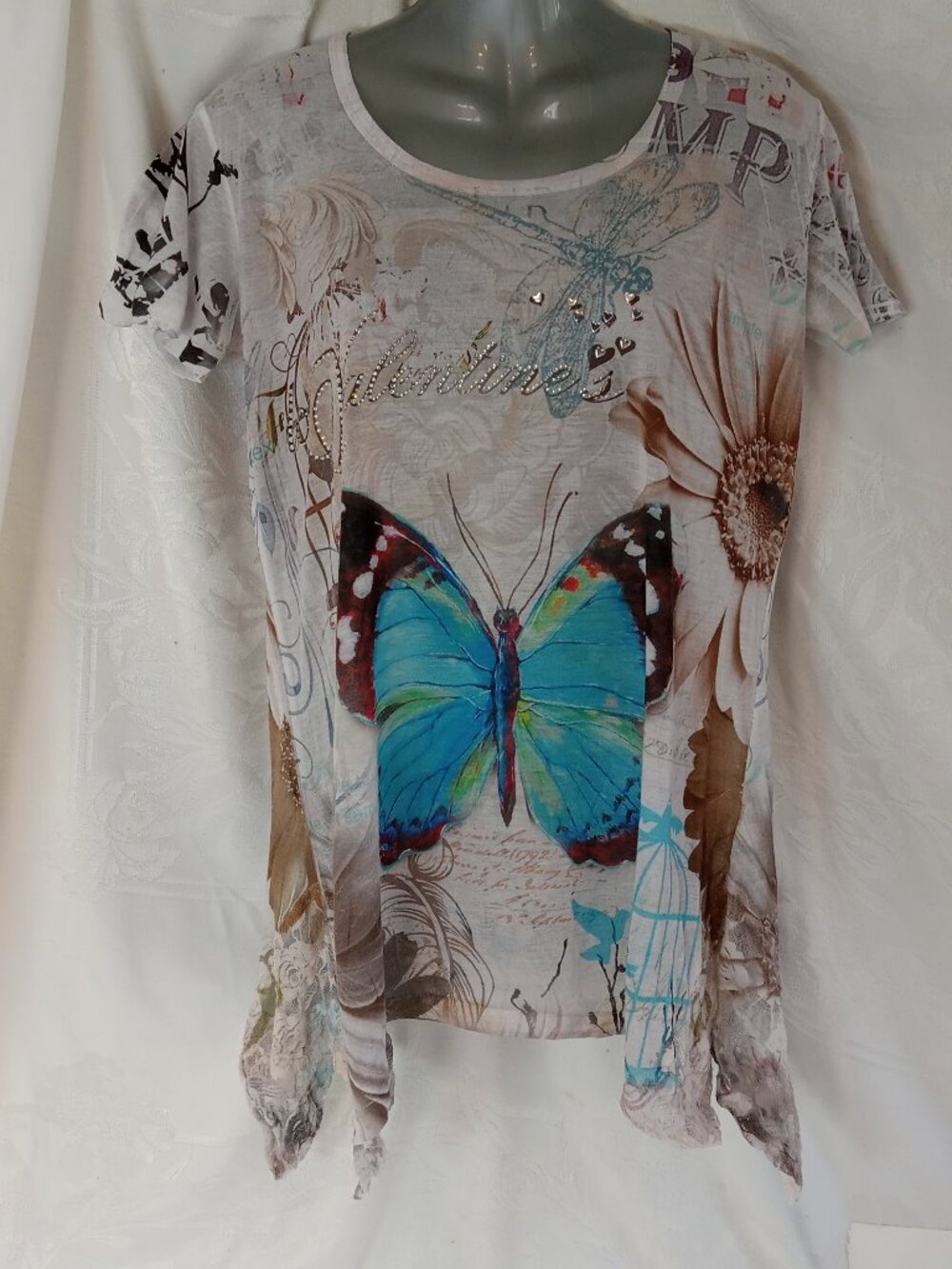 Vtg Y2K Valentines Sheer Fairycore Top Shirt Size L Blue Morpho Butterfly Grunge